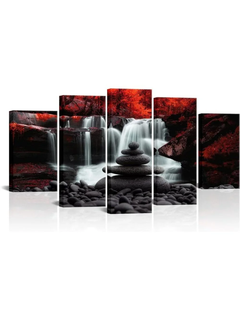 Zen Stones Waterfall Wall Art - Red Trees Landscape Canvas Print for Living Room